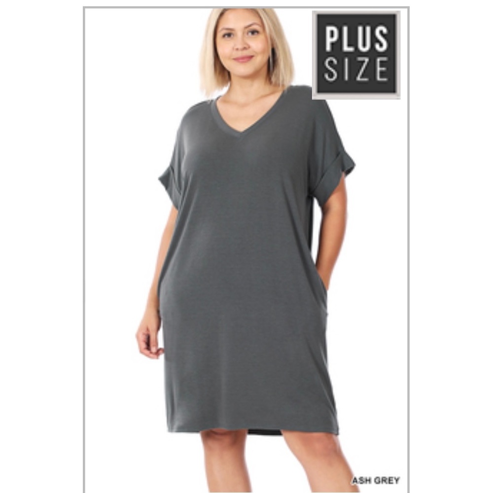 Plus Size Rolled Sleeve V Neck Dress
